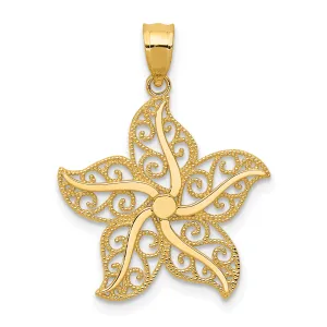 14K Gold Polished Filigree Starfish Pendant with Textured Design