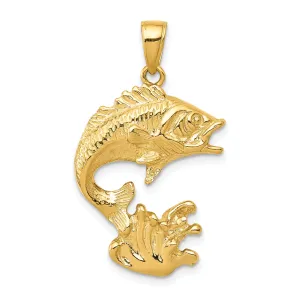 14K Gold Polished Men's Bass Fish Pendant with Open Design