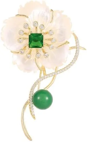 14K Gold Real Emerald and Jade Brooch in Flower Design, Natural Flower Pin, Designer Brooches for Women
