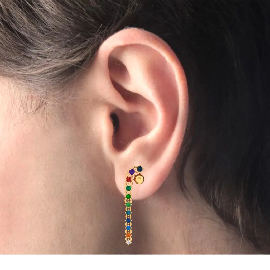 14k Unique Gold Earrings With Multi-coloured Stones