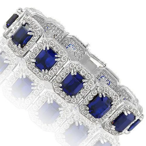 14K White Solid Gold Mens Diamond Blue Sapphire Bracelet 56.00 Ctw