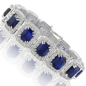14K White Solid Gold Mens Diamond Blue Sapphire Bracelet 56.00 Ctw