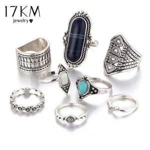 17KM Boho Jewelry Stone Midi Ring Sets for Women Anel Vintage Tibetan Turkish Silver Color Flower Knuckle Rings Gift 8pcs/Set