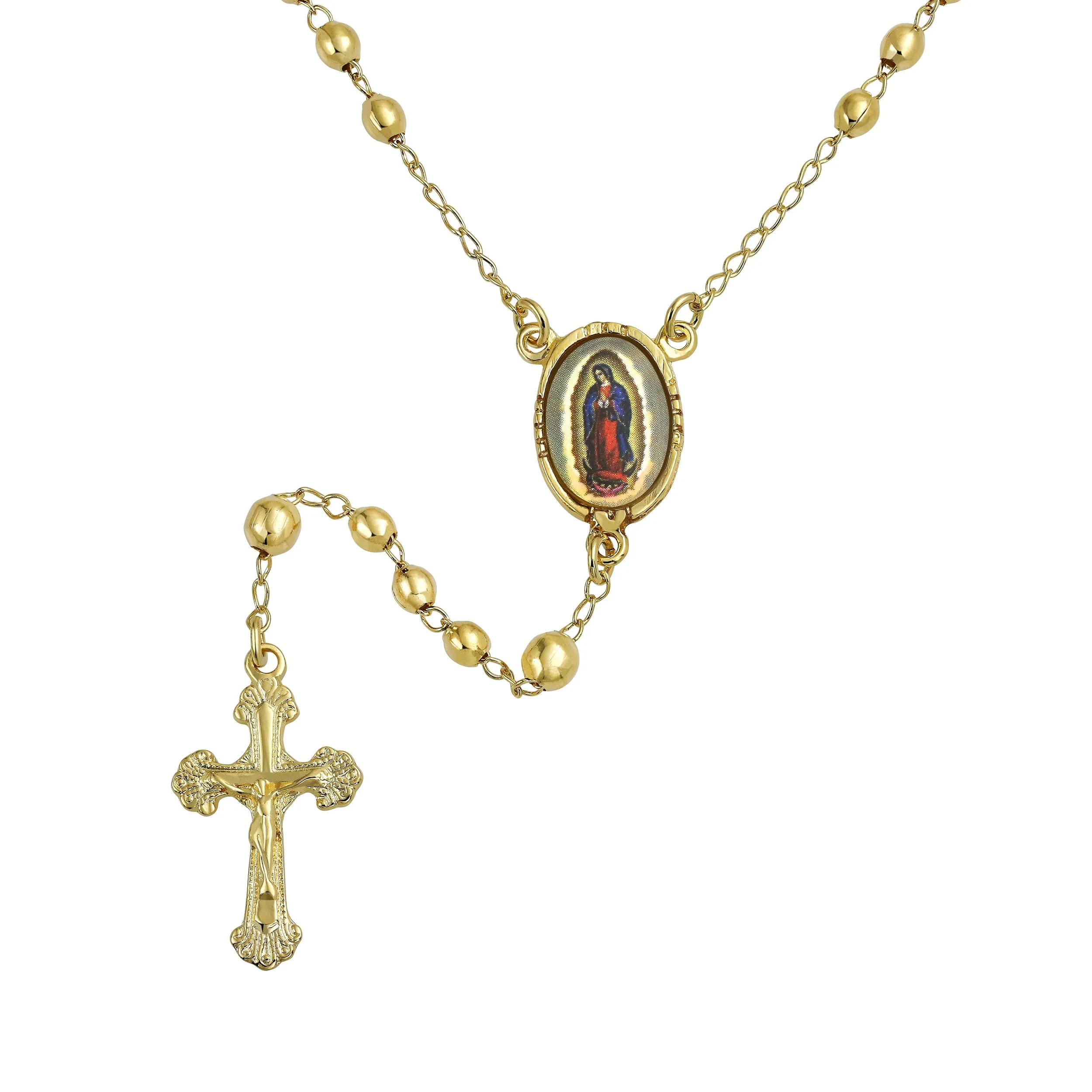 18K Gold Plated Rosary Necklace with Crucifix and Virgin Mary Beads