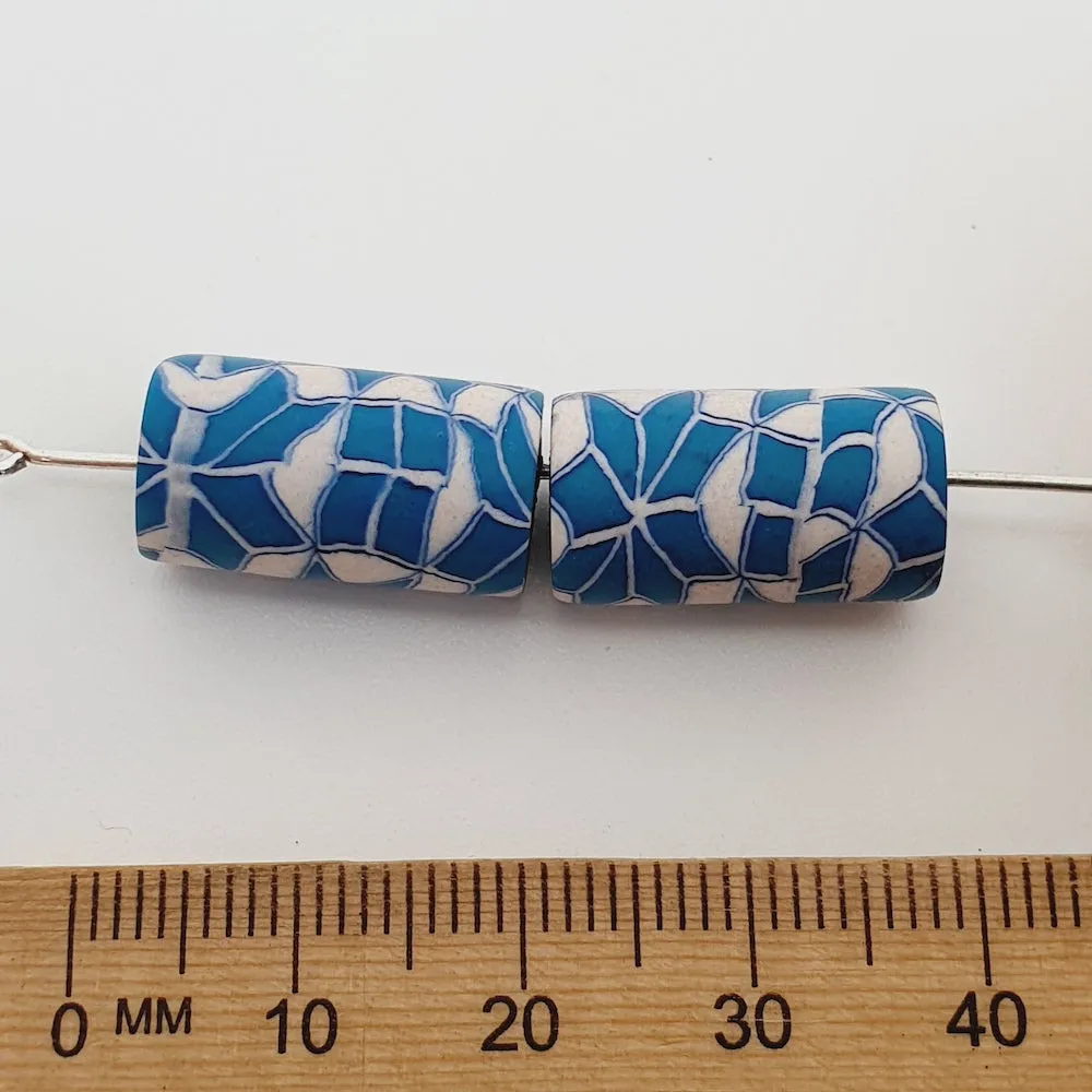 18mm Tube Fimo Beads (10) - Turquoise w. White Patterns