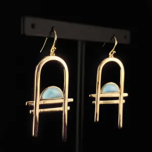 1920s Gold Abstract Statement Earrings with Blue Larimar Stone Accents - Carlyle