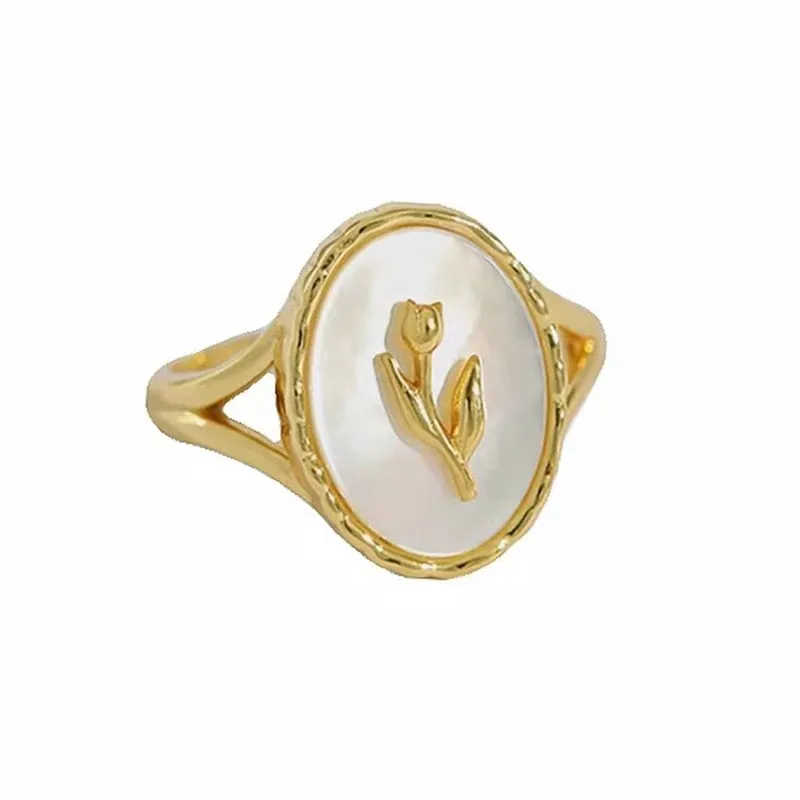 2022 Vintage Tulip Flower Ring For Girls White Imitation Shell Geometric Oval Open Index Finger Ring Bohemian Party Jewelry Gift