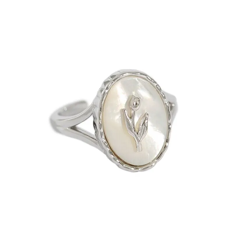 2022 Vintage Tulip Flower Ring For Girls White Imitation Shell Geometric Oval Open Index Finger Ring Bohemian Party Jewelry Gift
