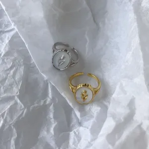 2022 Vintage Tulip Flower Ring For Girls White Imitation Shell Geometric Oval Open Index Finger Ring Bohemian Party Jewelry Gift
