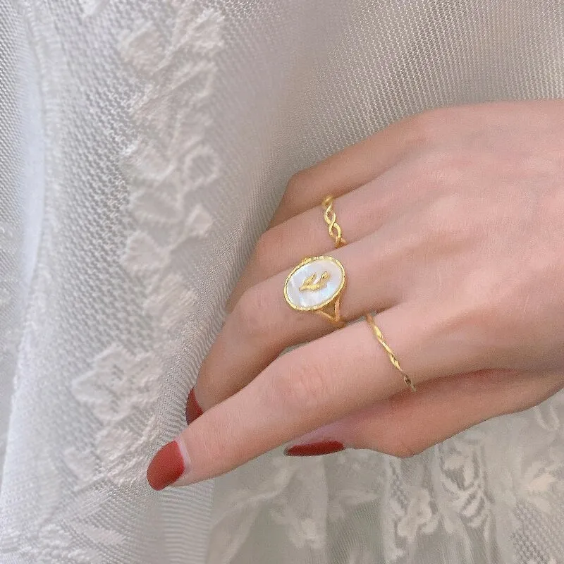 2022 Vintage Tulip Flower Ring For Girls White Imitation Shell Geometric Oval Open Index Finger Ring Bohemian Party Jewelry Gift