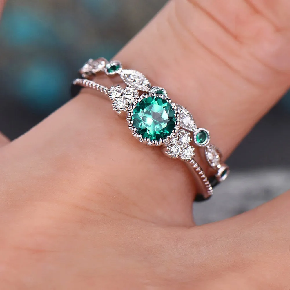 2Pcs/Set rings 2020 New Luxury Green Blue Stone - Crystal Rings For Women Silver Color - Wedding Engagement fashion Jewelry