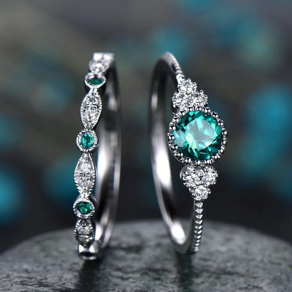 2Pcs/Set rings 2020 New Luxury Green Blue Stone - Crystal Rings For Women Silver Color - Wedding Engagement fashion Jewelry
