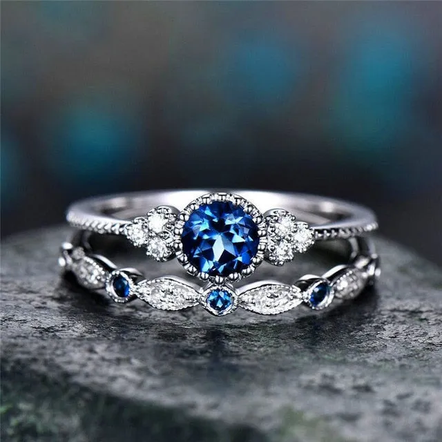 2Pcs/Set rings 2020 New Luxury Green Blue Stone - Crystal Rings For Women Silver Color - Wedding Engagement fashion Jewelry