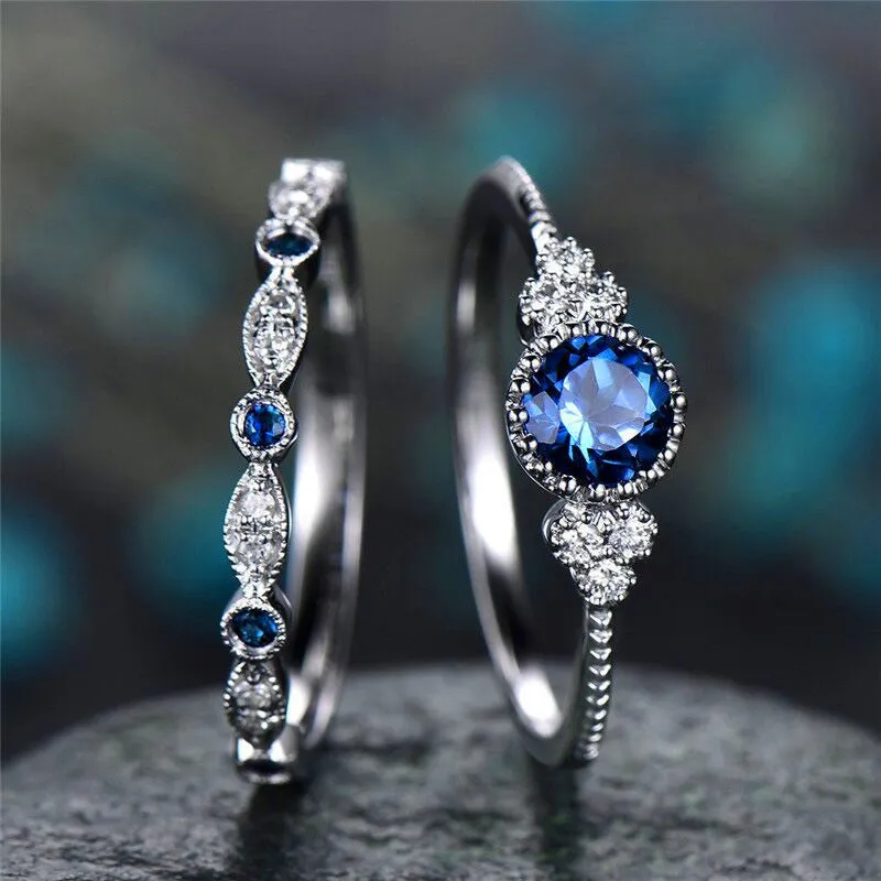 2Pcs/Set rings 2020 New Luxury Green Blue Stone - Crystal Rings For Women Silver Color - Wedding Engagement fashion Jewelry