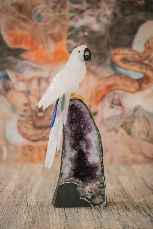 3 Ft Clear Quartz Crystal Parrot On Amethyst Cathedral