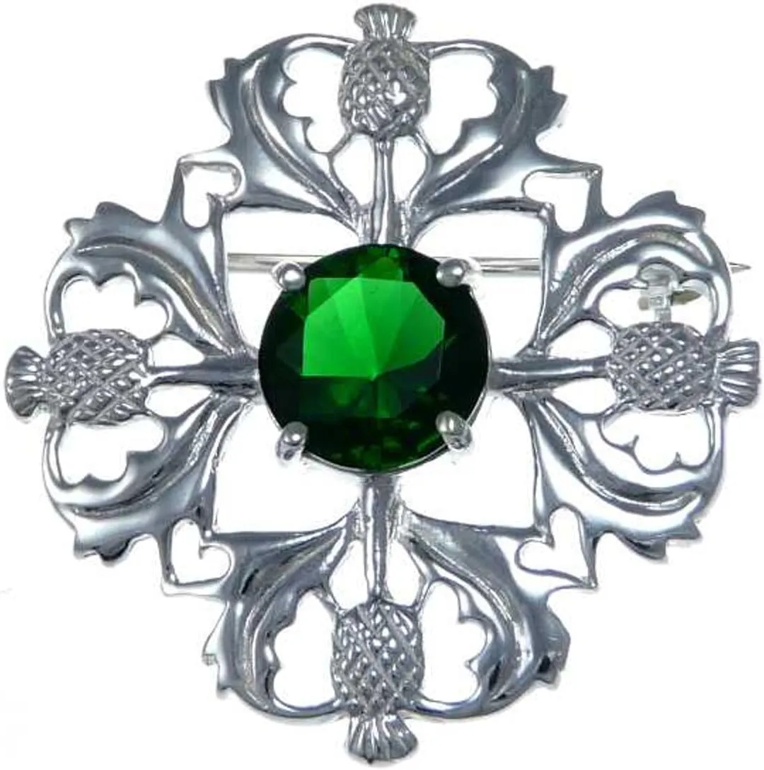 Alexander Castle 925 Sterling Silver Scottish Thistle Brooch Pin with Emerald CZ Stone & Jewelry Gift Box - Scottish Gift for Women