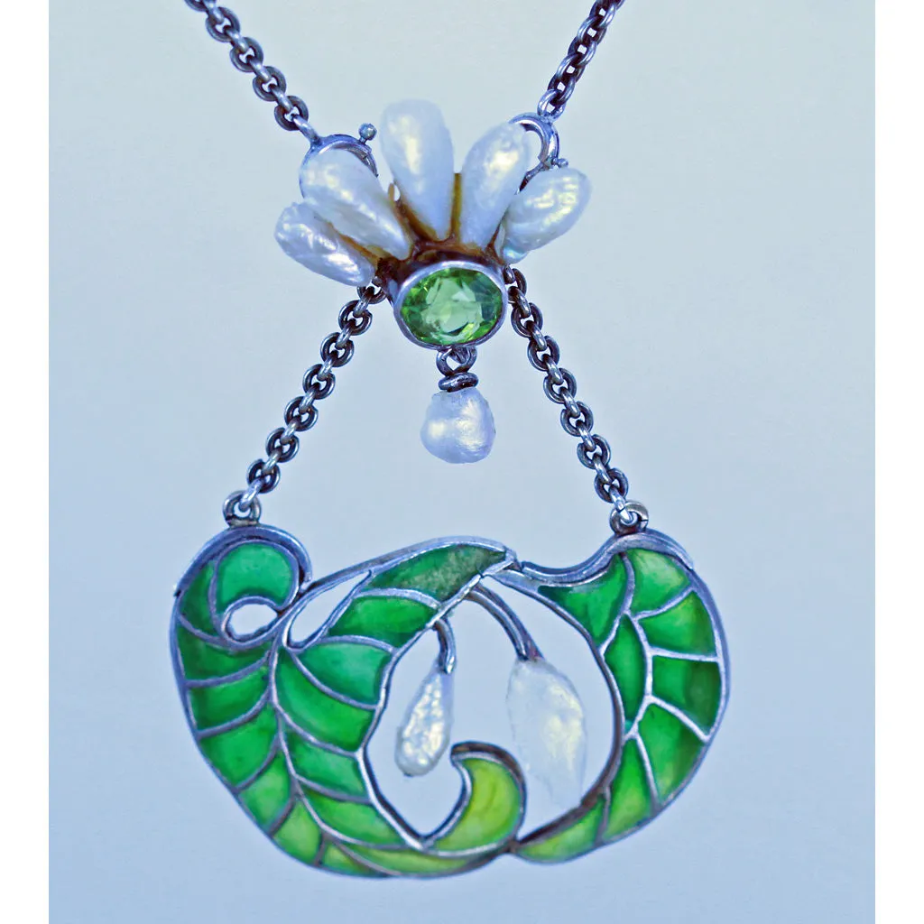 Art Nouveau Plique a Jour Enamel Silver Pearls Peridot Pendant Necklace (7136)