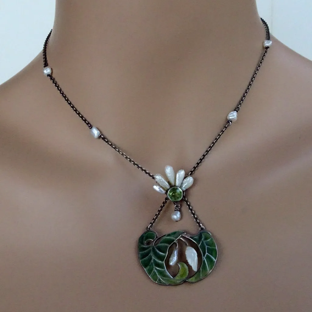 Art Nouveau Plique a Jour Enamel Silver Pearls Peridot Pendant Necklace (7136)