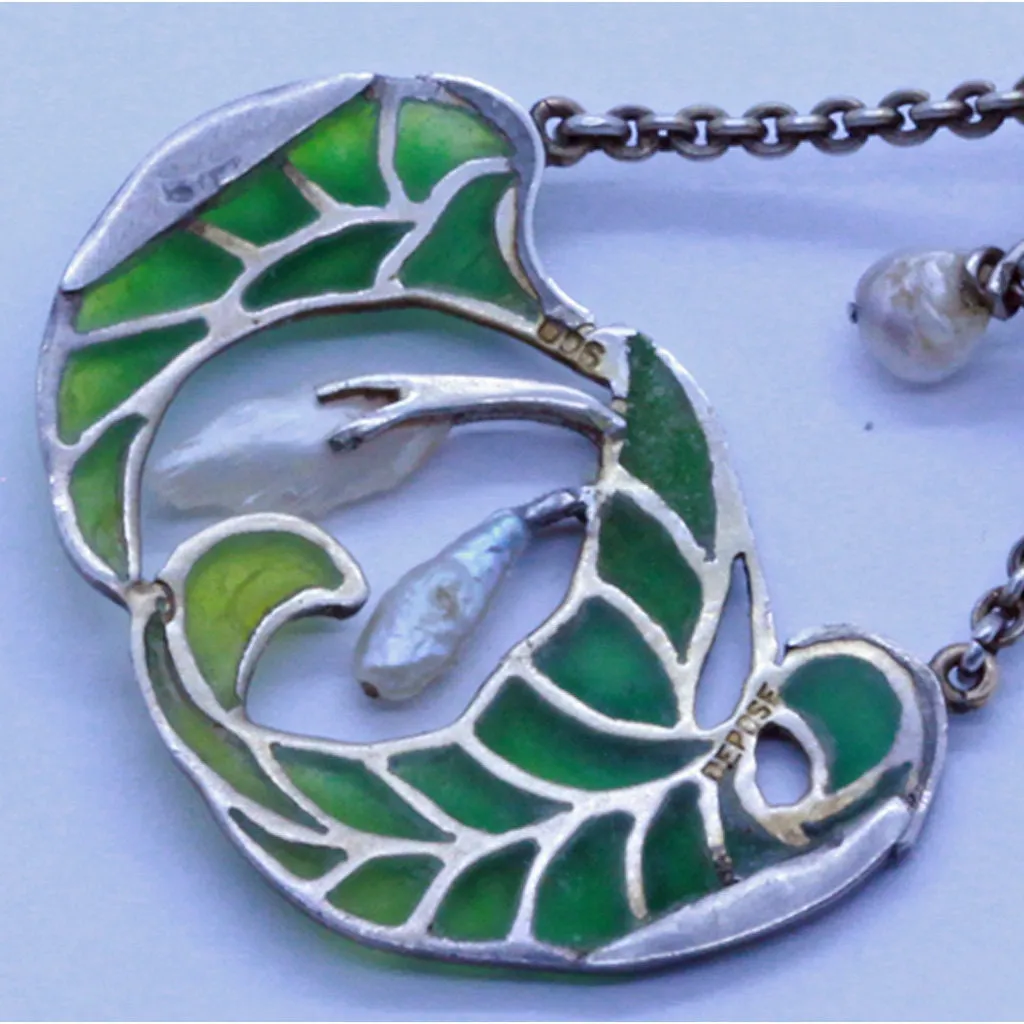 Art Nouveau Plique a Jour Enamel Silver Pearls Peridot Pendant Necklace (7136)
