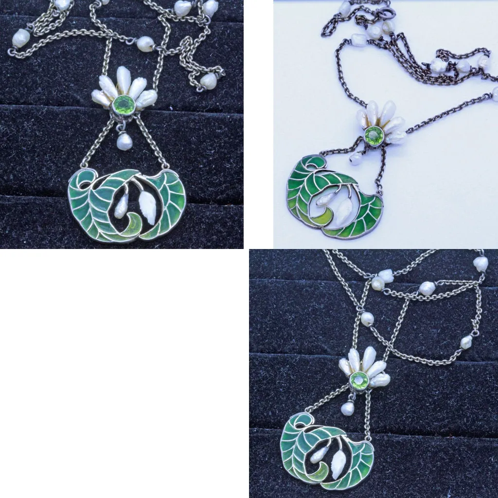 Art Nouveau Plique a Jour Enamel Silver Pearls Peridot Pendant Necklace (7136)