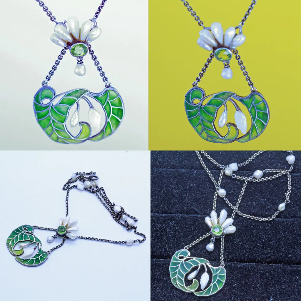 Art Nouveau Plique a Jour Enamel Silver Pearls Peridot Pendant Necklace (7136)