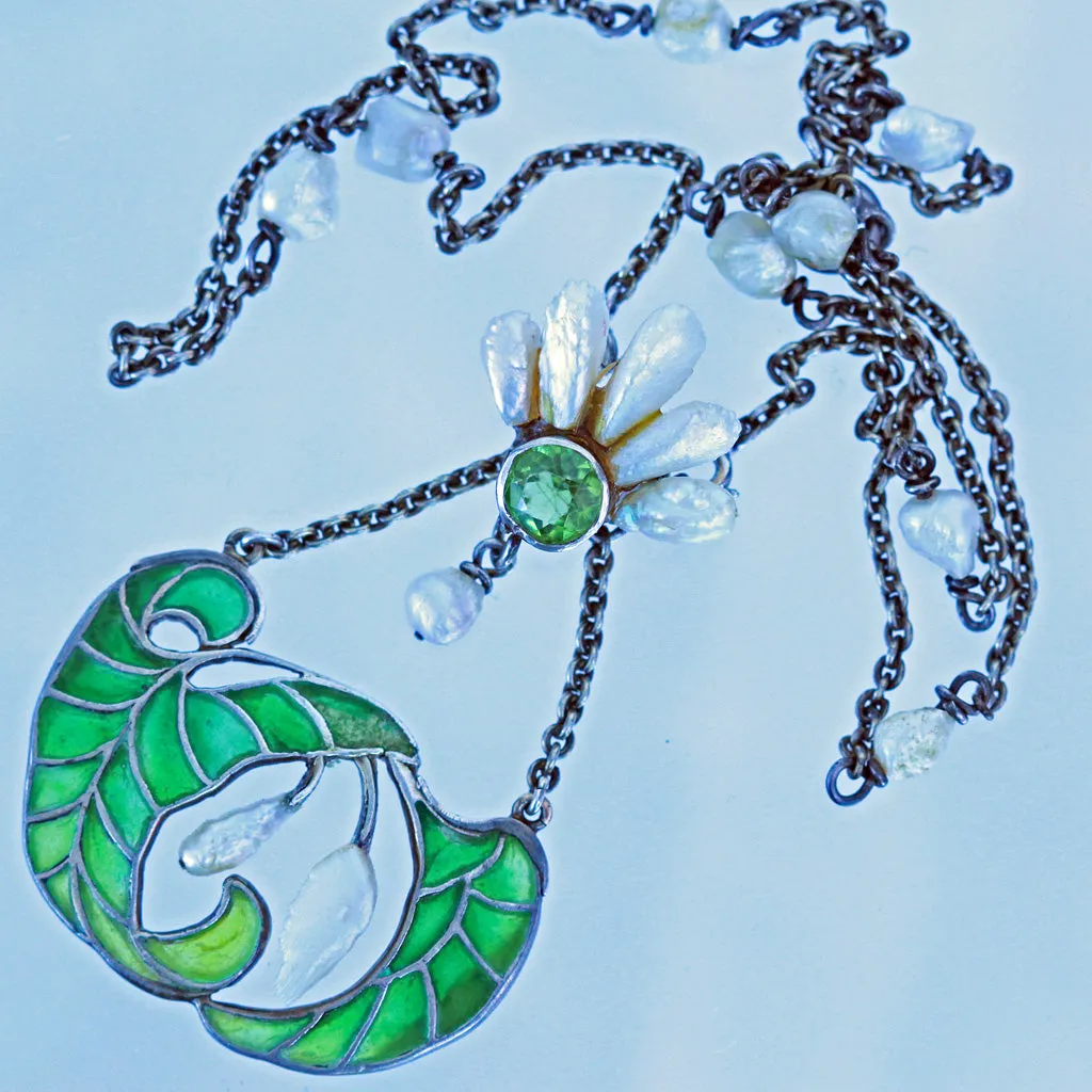 Art Nouveau Plique a Jour Enamel Silver Pearls Peridot Pendant Necklace (7136)