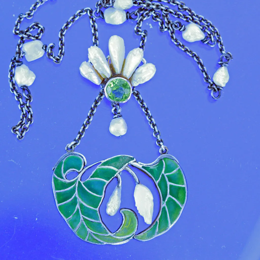 Art Nouveau Plique a Jour Enamel Silver Pearls Peridot Pendant Necklace (7136)