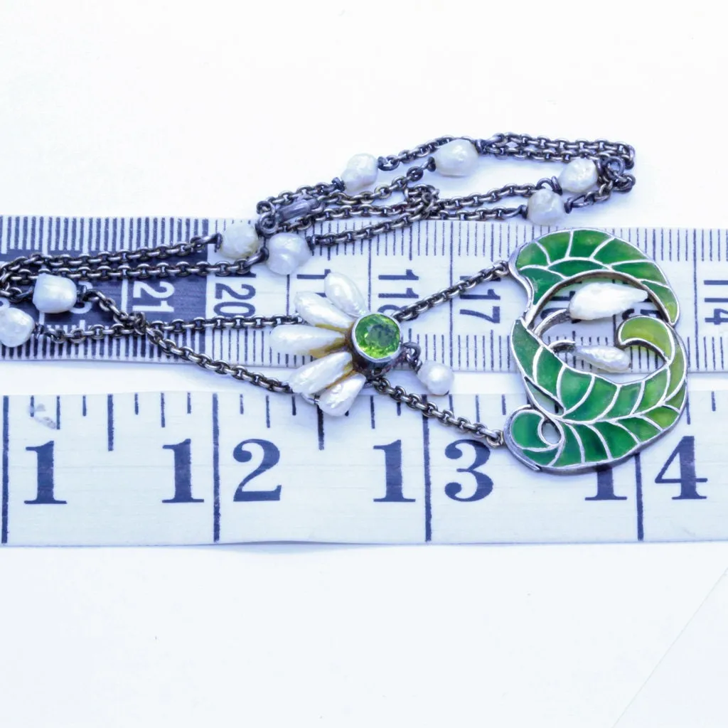 Art Nouveau Plique a Jour Enamel Silver Pearls Peridot Pendant Necklace (7136)