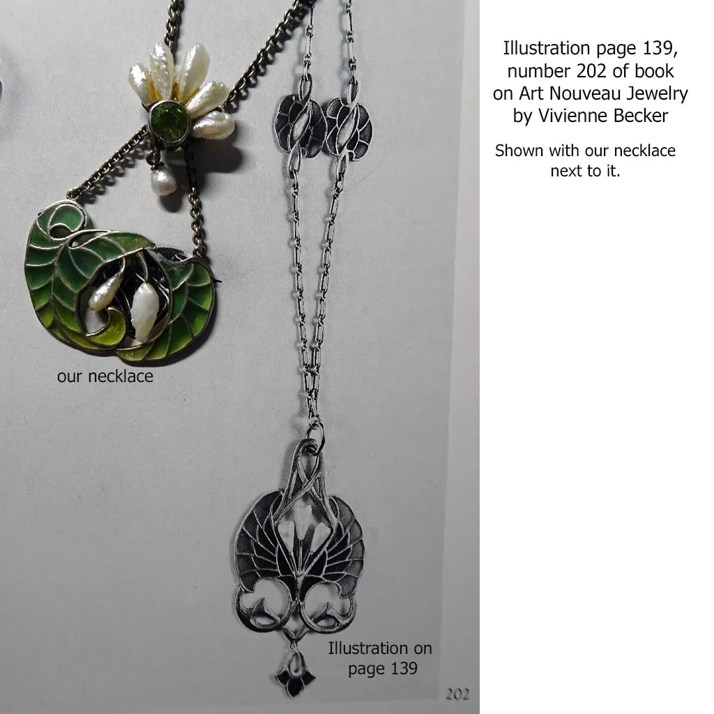 Art Nouveau Plique a Jour Enamel Silver Pearls Peridot Pendant Necklace (7136)