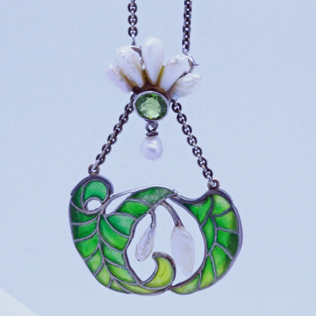 Art Nouveau Plique a Jour Enamel Silver Pearls Peridot Pendant Necklace (7136)