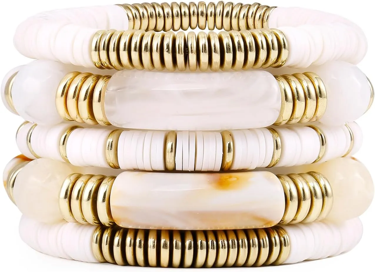 Bamboo Tube Bangles Bracelet Curved Stacking Clear Acrylic Colorful Beads Stretchable Friendship Gold Bracelets Gifts For Bestfriends, Couple, Family Members, Siblings, mother, Lover