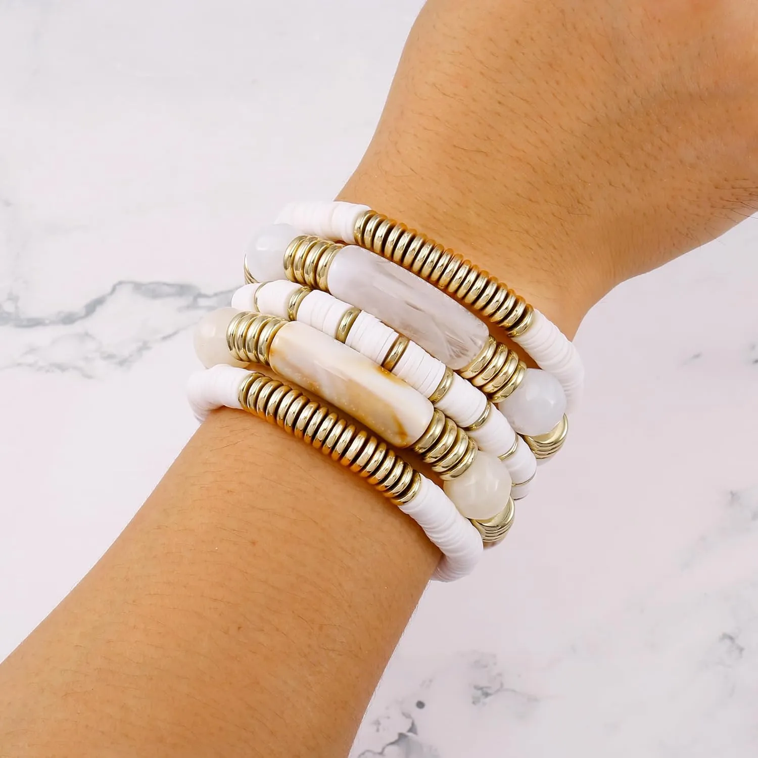 Bamboo Tube Bangles Bracelet Curved Stacking Clear Acrylic Colorful Beads Stretchable Friendship Gold Bracelets Gifts For Bestfriends, Couple, Family Members, Siblings, mother, Lover
