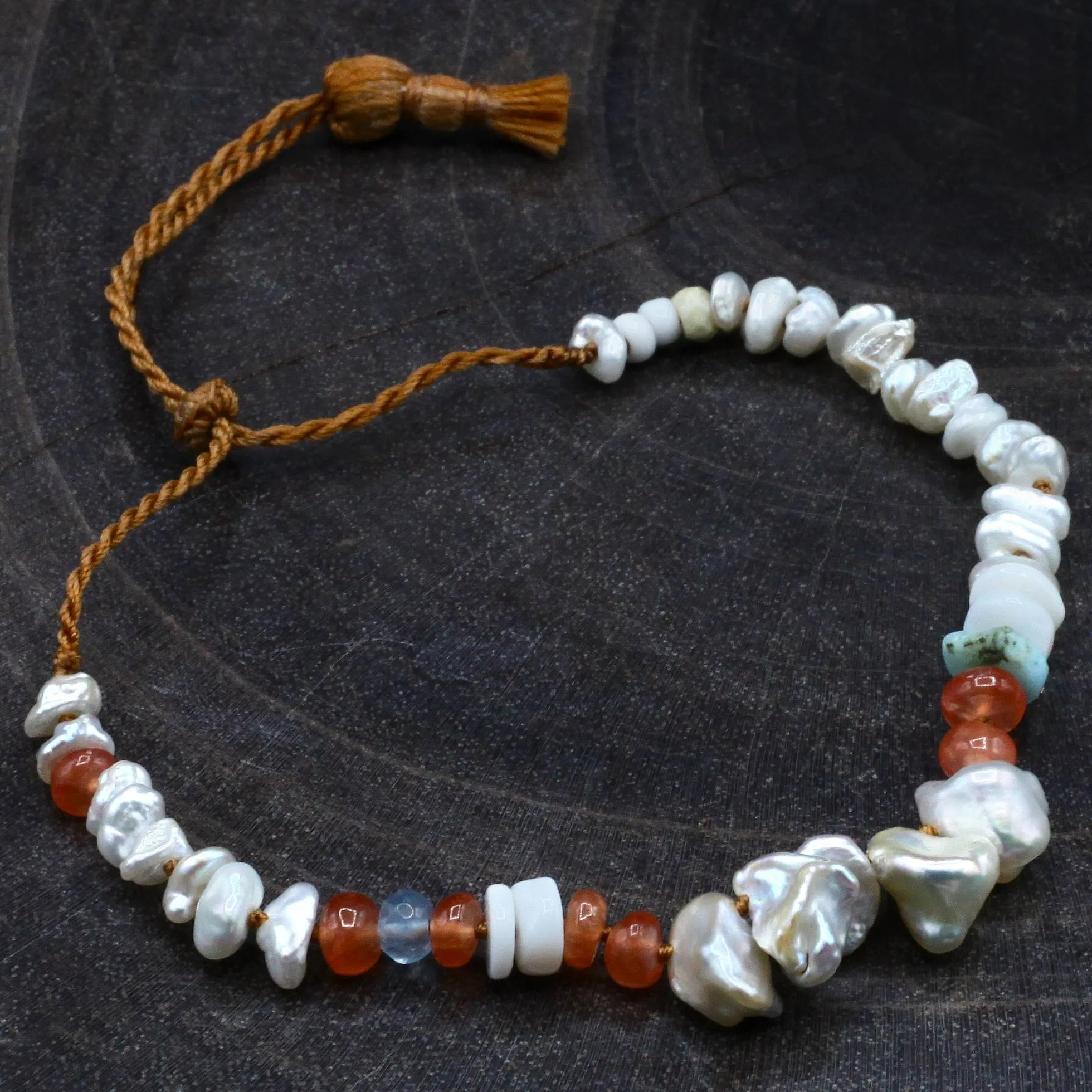 Baroque Pearl, Peridot   Carnelian Gemstone Tassel Bracelet
