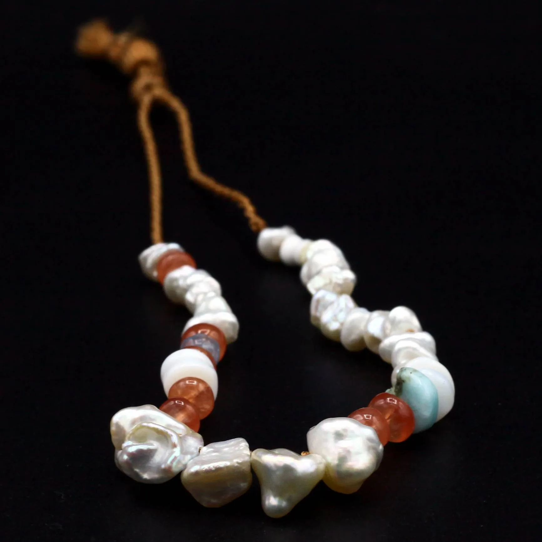 Baroque Pearl, Peridot   Carnelian Gemstone Tassel Bracelet
