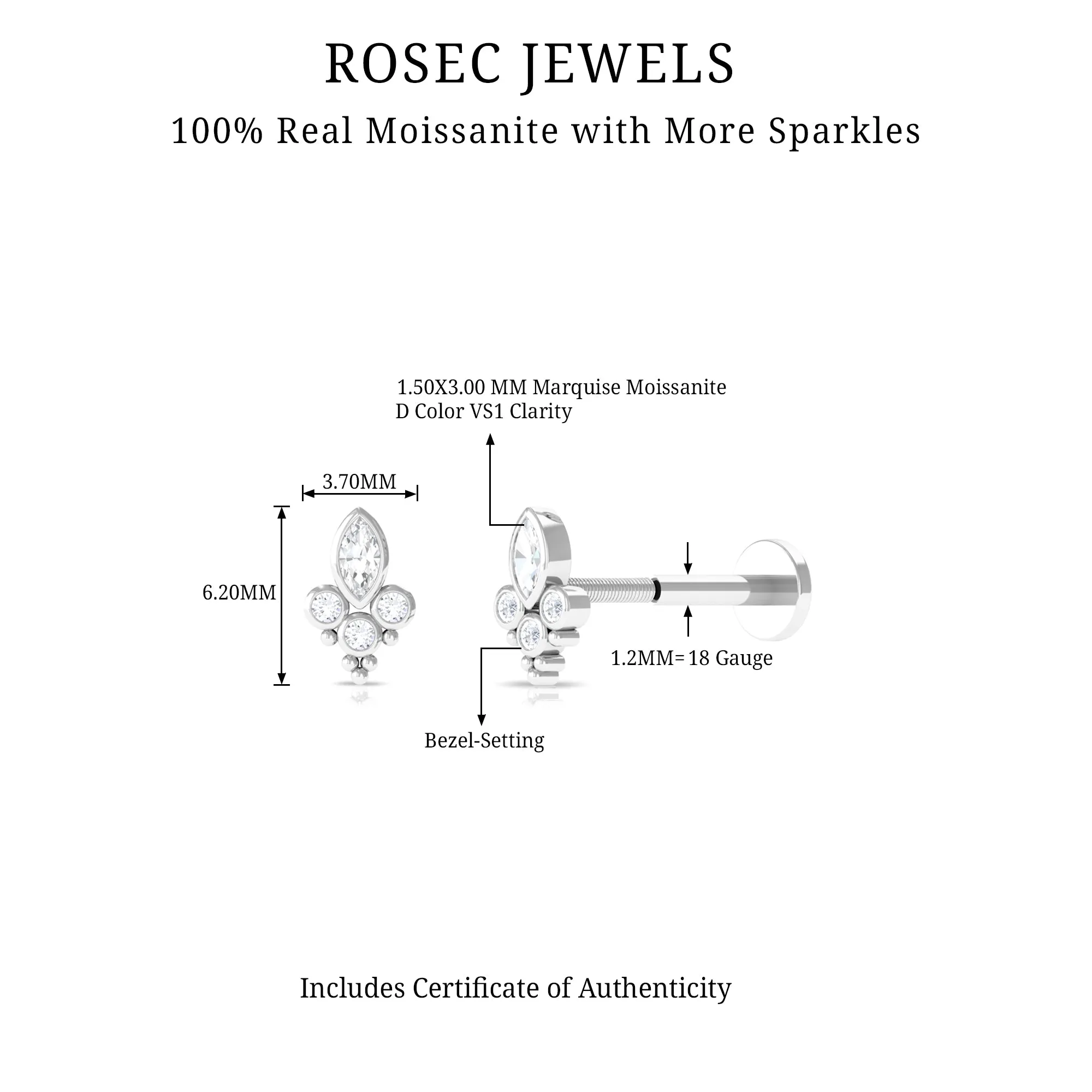 Bezel Set Moissanite Designer Earring for Conch Piercing