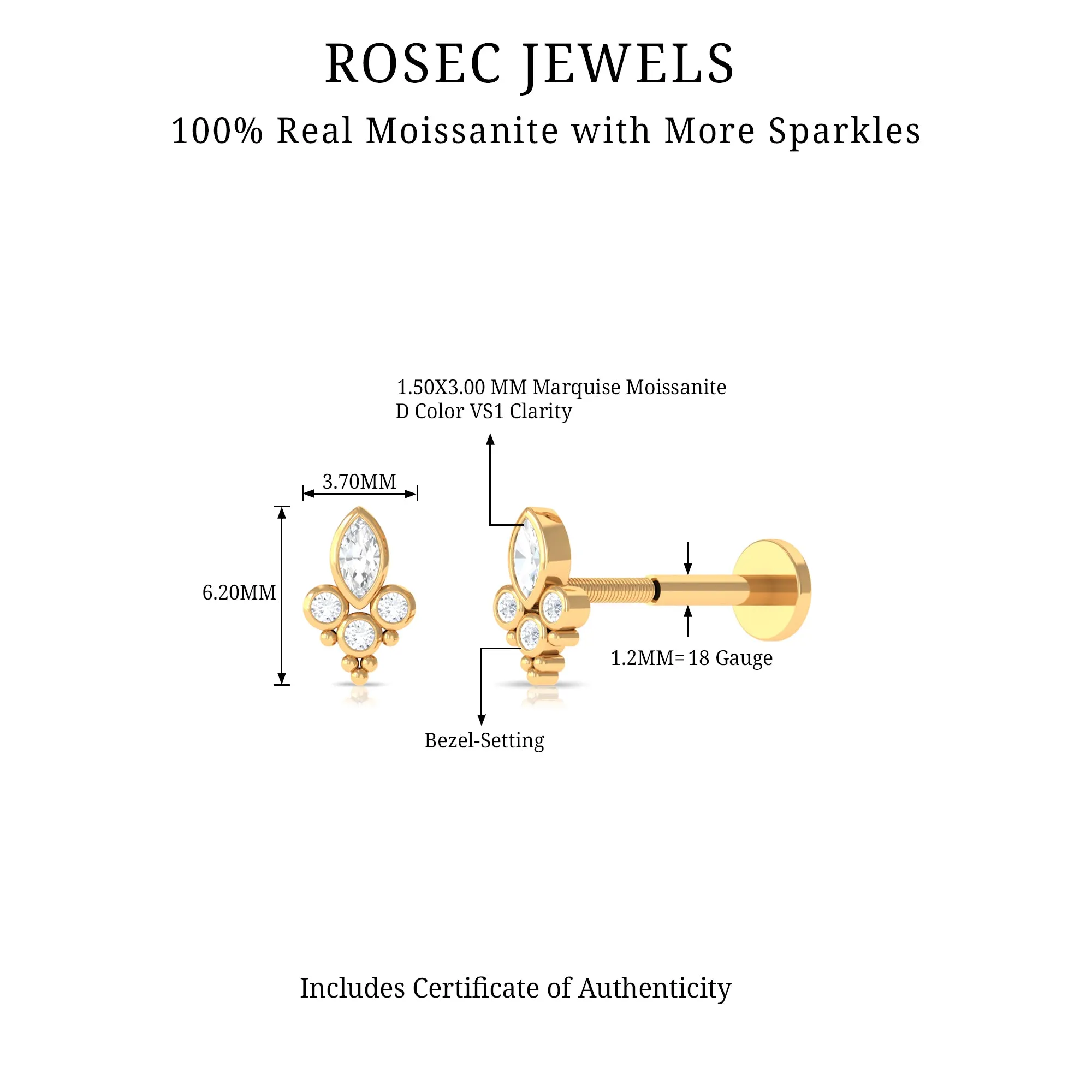 Bezel Set Moissanite Designer Earring for Conch Piercing