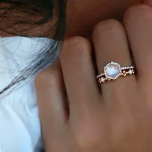 Boho Female Big Crystal Hexagon Moonstone Ring Set Fashion Rose Gold