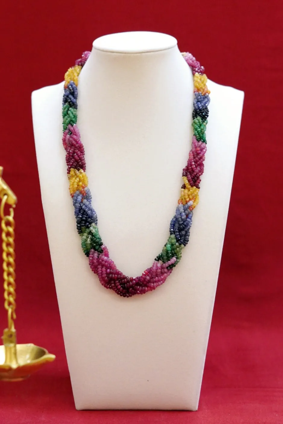 Braided Natural Ruby-Emerald-Sapphire Beaded Necklace (D1087)