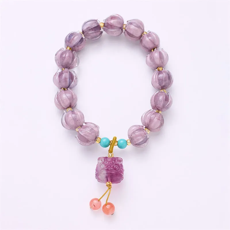 Buddha Stones Liuli Glass Bead Lotus Design Fluorite Ivory Fruit Dancing Lion Charm Enlightenment Bracelet