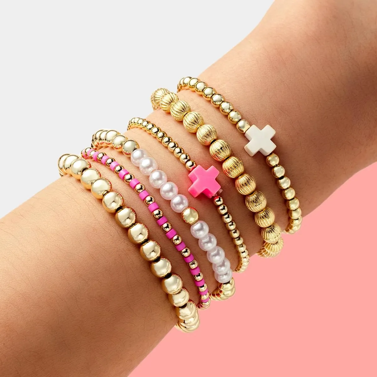 Caiyao Colorful Resin Turquoise Cross Beaded Stretch Braceles Set Bohemia Multilayer Gold Beads Cross Pearl Stackable Bracelet Preppy Friendship Bangles for Women Men Summer Beach Vacation Jewelry