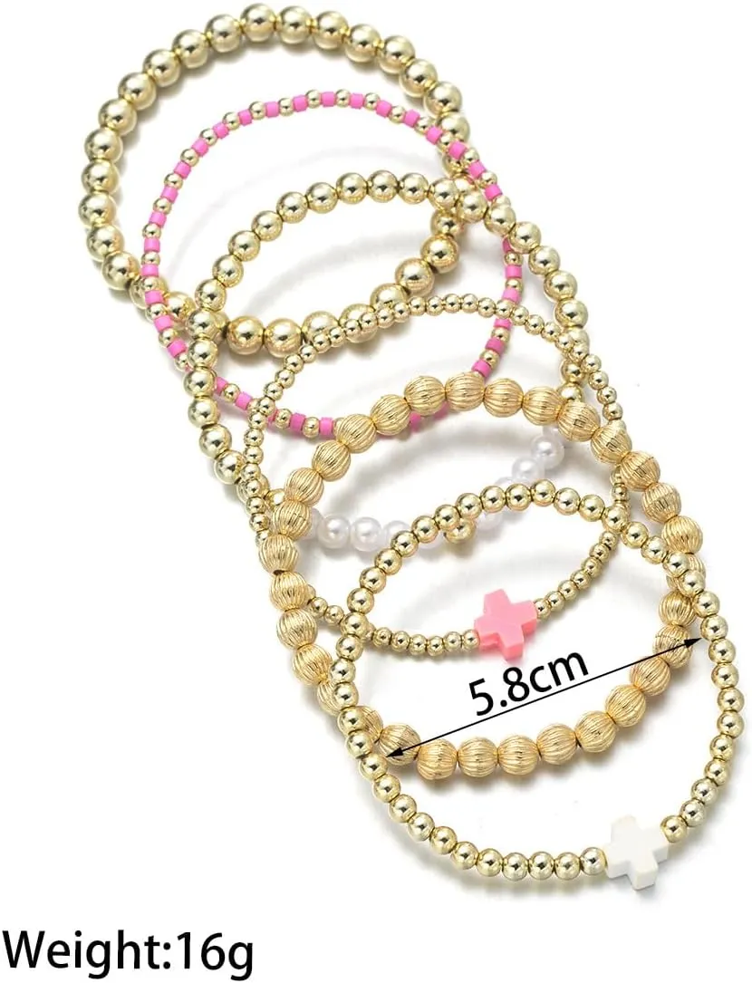 Caiyao Colorful Resin Turquoise Cross Beaded Stretch Braceles Set Bohemia Multilayer Gold Beads Cross Pearl Stackable Bracelet Preppy Friendship Bangles for Women Men Summer Beach Vacation Jewelry