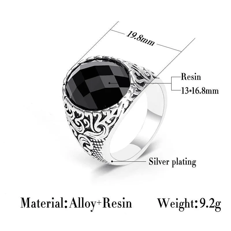 Carving Pattern Mosaic Oval Black Stone Ring