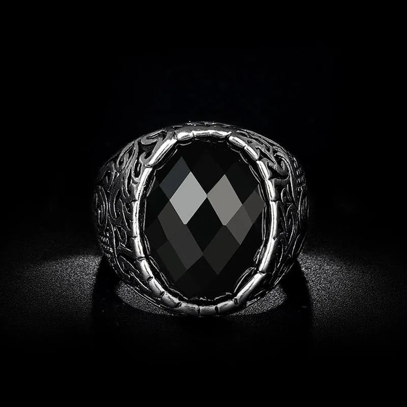 Carving Pattern Mosaic Oval Black Stone Ring