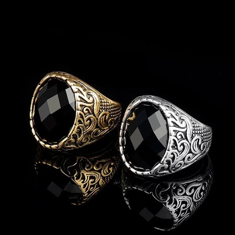 Carving Pattern Mosaic Oval Black Stone Ring