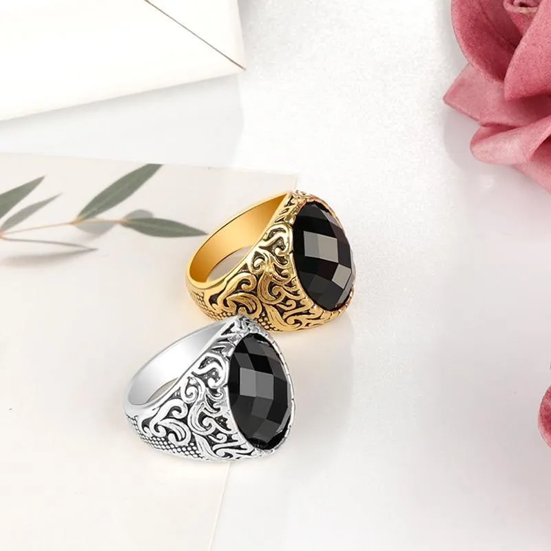 Carving Pattern Mosaic Oval Black Stone Ring