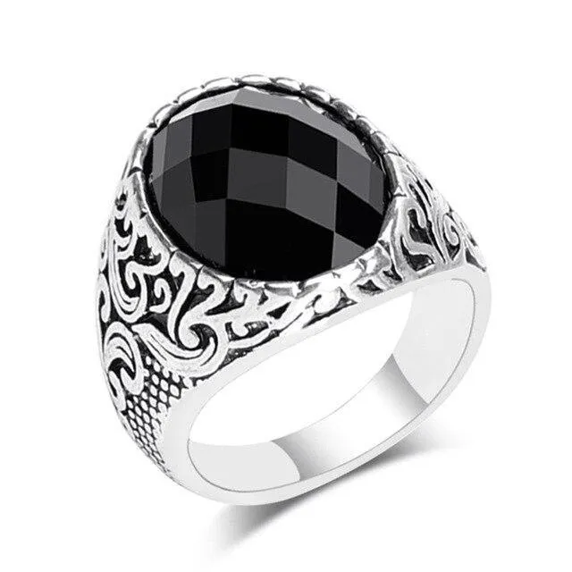 Carving Pattern Mosaic Oval Black Stone Ring