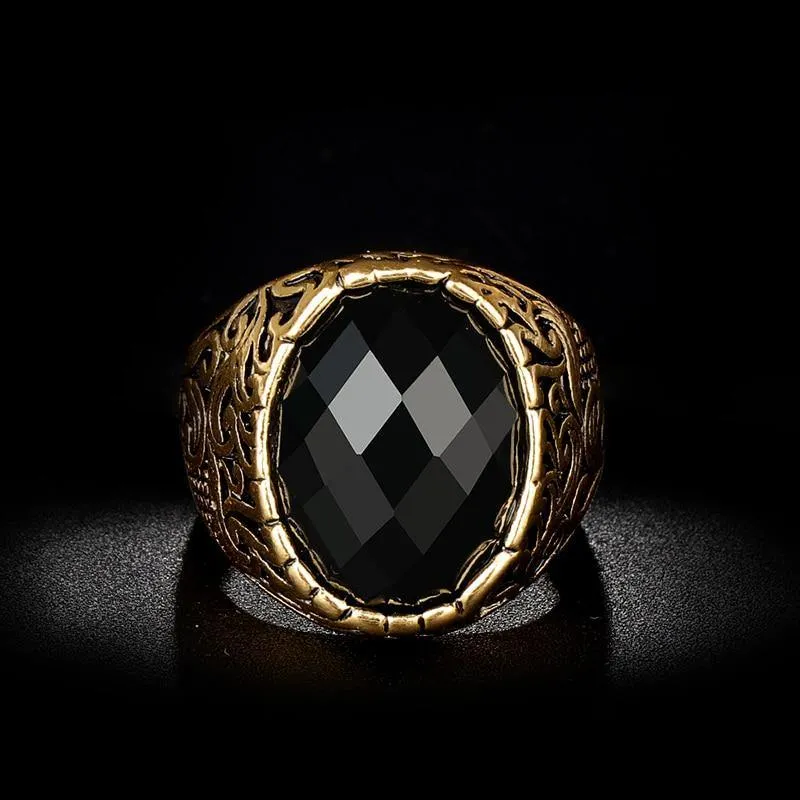 Carving Pattern Mosaic Oval Black Stone Ring