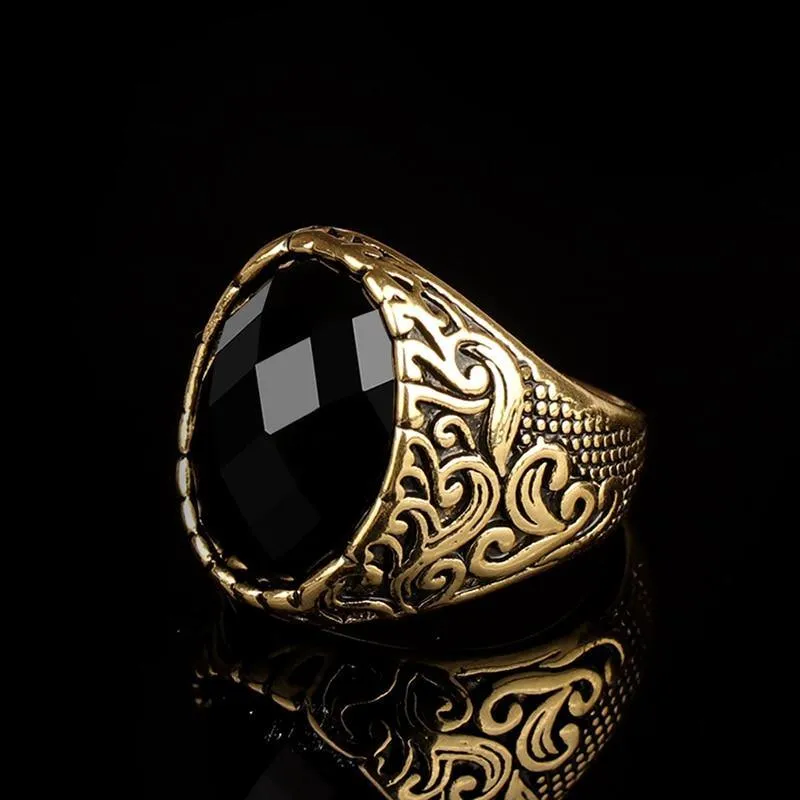 Carving Pattern Mosaic Oval Black Stone Ring