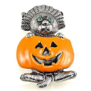 Cat with Green Eyes in Jack-o-Lantern Halloween Brooch