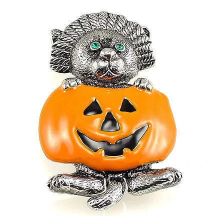 Cat with Green Eyes in Jack-o-Lantern Halloween Brooch